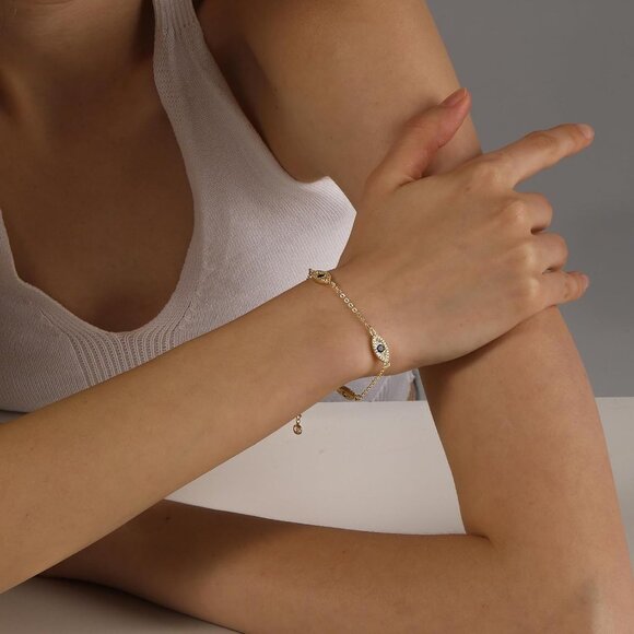 14K Gold Plated Evil Eye Stackable Link Chain Ring Bracelet Hand Chain for Women - Picture 2 of 8